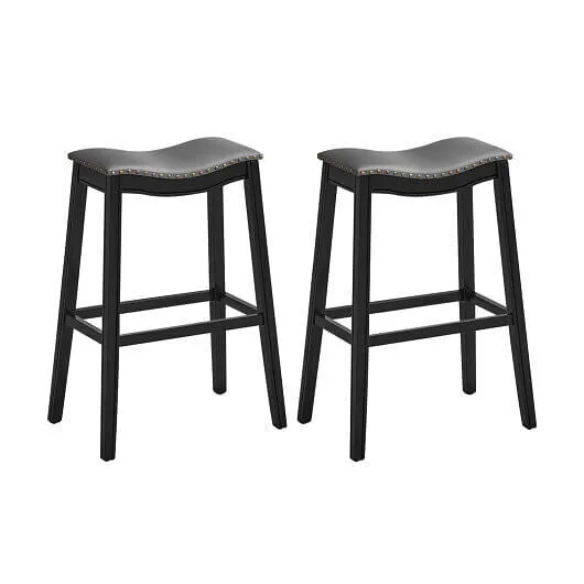 29 Inch Set of 2 Backless Wood Nailhead Barstools with PVC Leather Seat-Black -