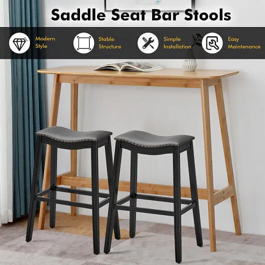 29 Inch Set of 2 Backless Wood Nailhead Barstools with PVC Leather Seat-Black -