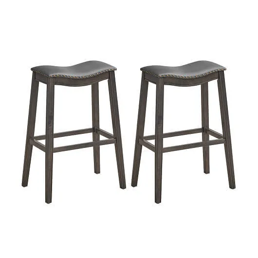 29 Inch Set of 2 Backless Wood Nailhead Barstools with PVC Leather Seat-Gray - C