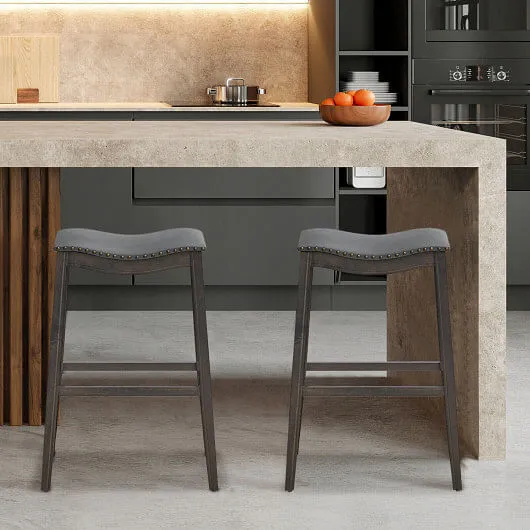 29 Inch Set of 2 Backless Wood Nailhead Barstools with PVC Leather Seat-Gray - C