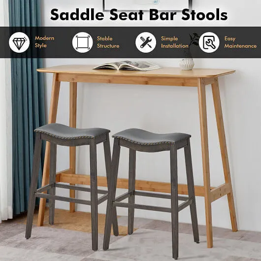 29 Inch Set of 2 Backless Wood Nailhead Barstools with PVC Leather Seat-Gray - C