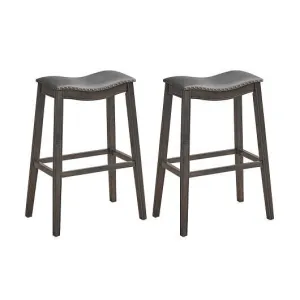 29 Inch Set of 2 Backless Wood Nailhead Barstools with PVC Leather Seat-Gray - C