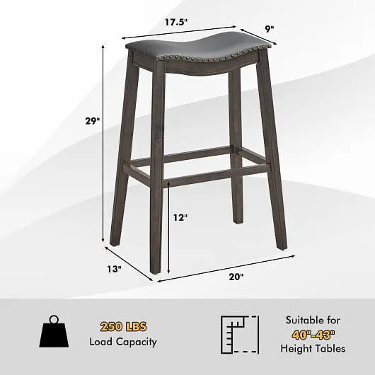 29 Inch Set of 2 Backless Wood Nailhead Barstools with PVC Leather Seat-Gray - C