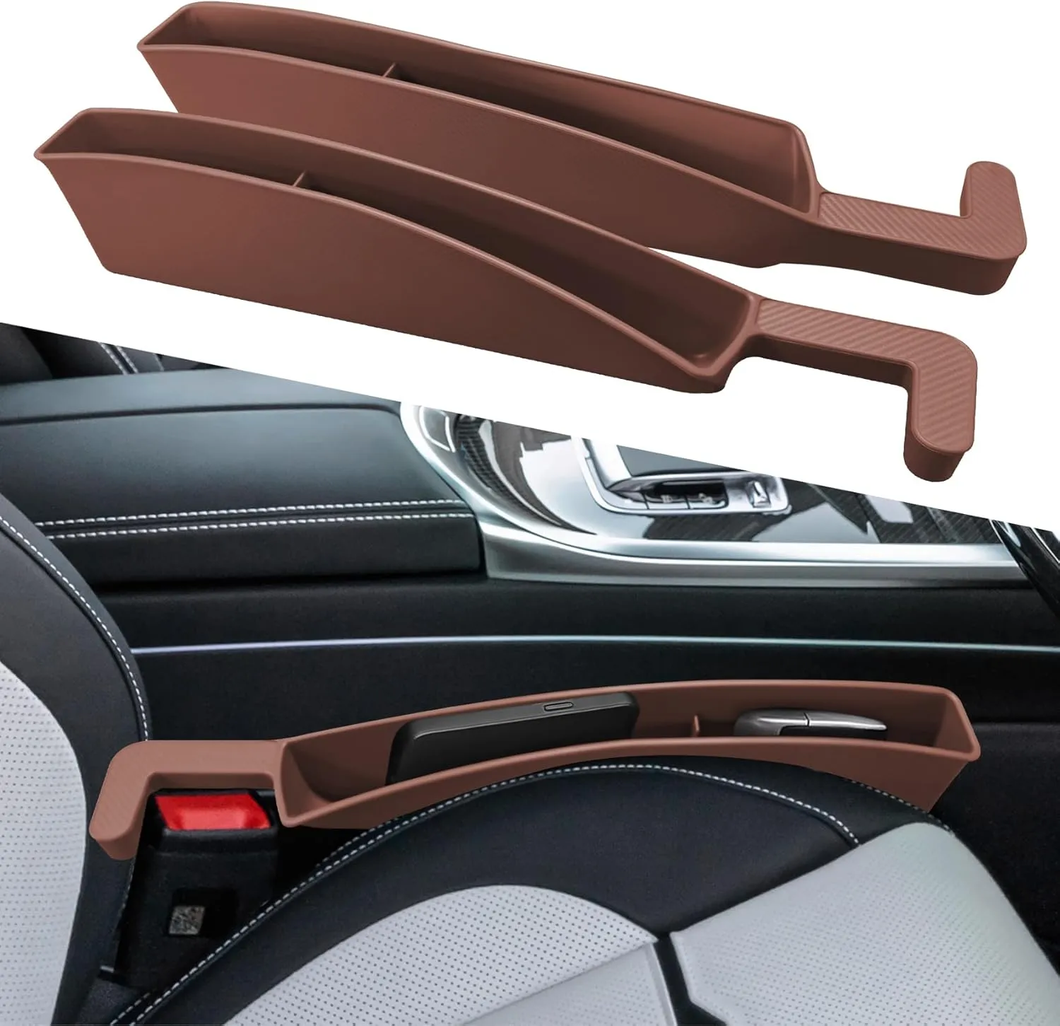 2PCS Car Seat Gap Filler, Seat Gap Organizer, Multi-Function Car Side Seat Gap Filler for Prevent Items Falling, Universal Car Seat Storage Organizer Between Seats Fit Most Cars SUVs (Brown)