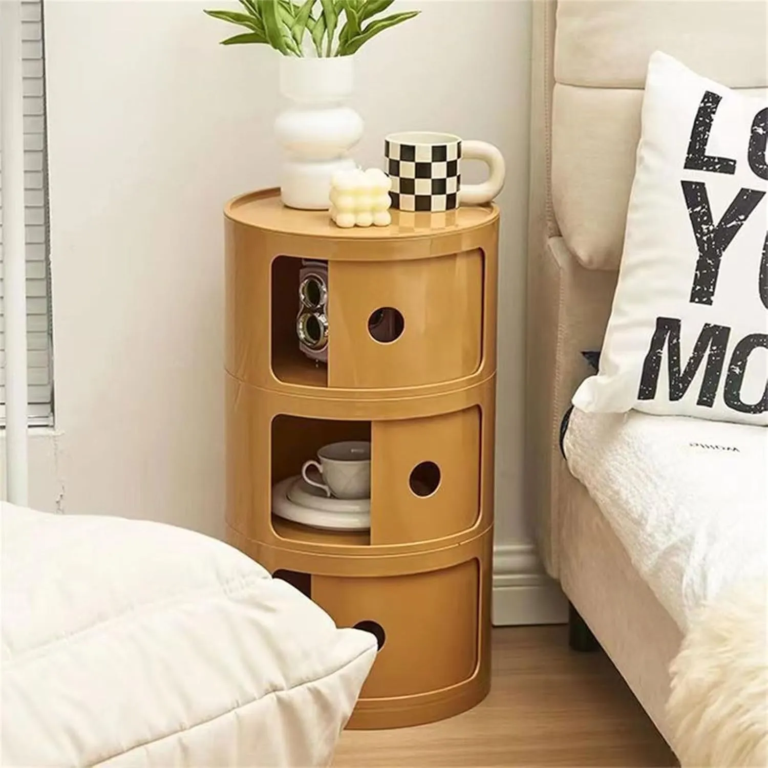 3 Drawers Round Nightstand with Storage, Yellow Side Table Plastic Round Nightstand 3 Tier Small Drawers for Bathroom, Bedroom