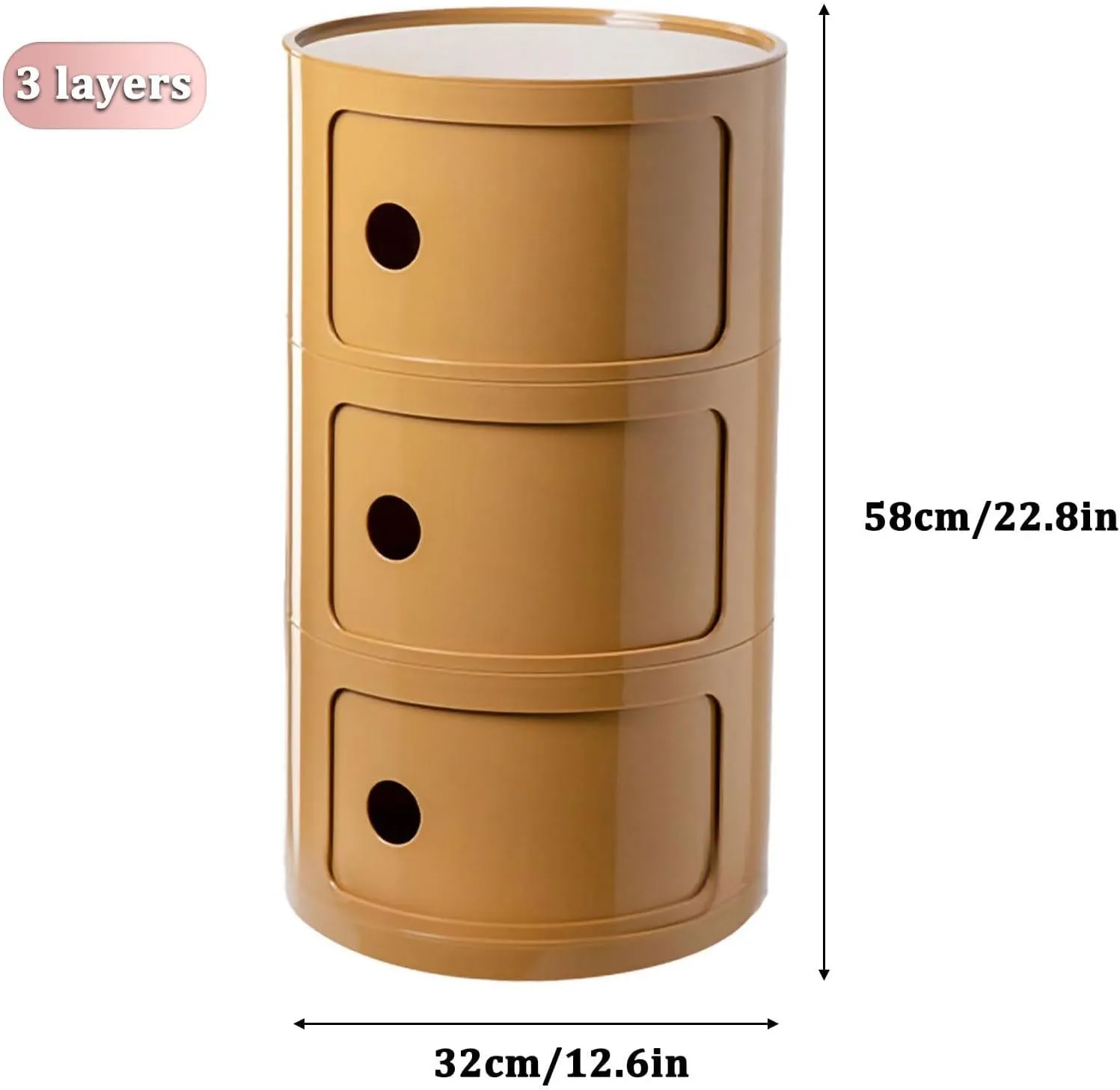 3 Drawers Round Nightstand with Storage, Yellow Side Table Plastic Round Nightstand 3 Tier Small Drawers for Bathroom, Bedroom