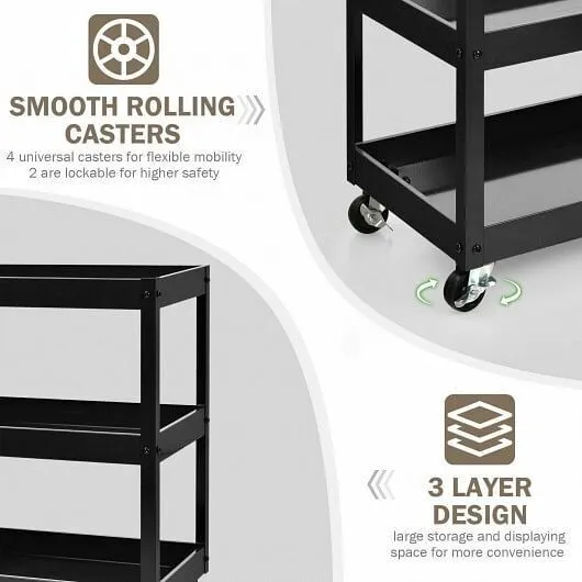 3-Tier Utility Cart Rolling Metal Cart with Handle and Universal Wheels-Black -