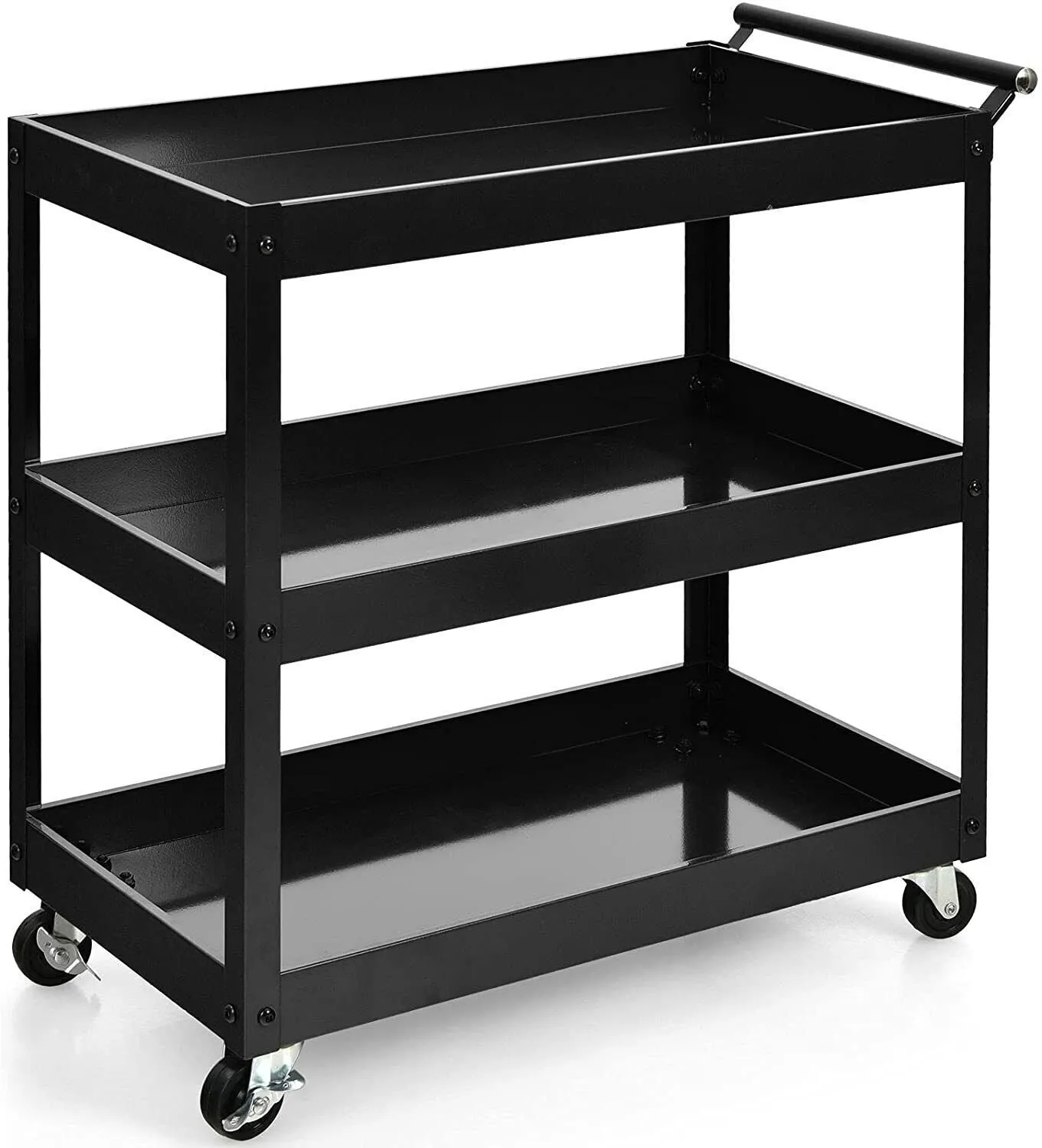 3-Tier Utility Cart Rolling Metal Cart with Handle and Universal Wheels-Black -