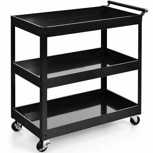 3-Tier Utility Cart Rolling Metal Cart with Handle and Universal Wheels-Black -