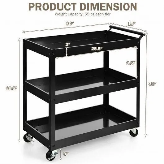 3-Tier Utility Cart Rolling Metal Cart with Handle and Universal Wheels-Black -