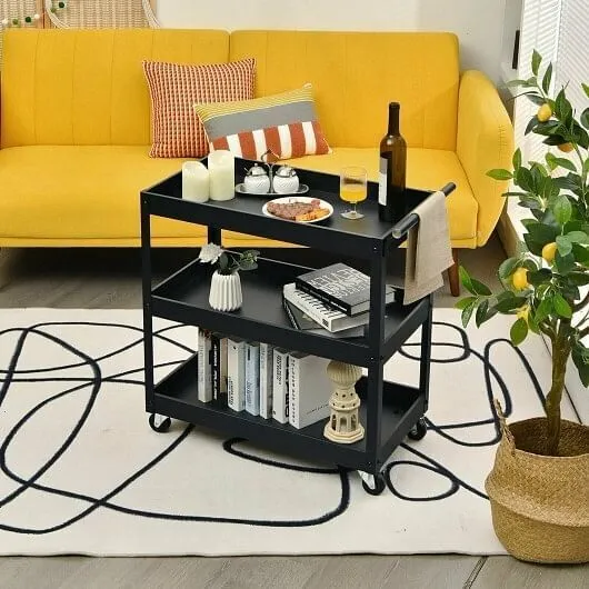 3-Tier Utility Cart Rolling Metal Cart with Handle and Universal Wheels-Black -