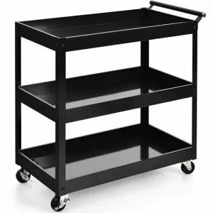 3-Tier Utility Cart Rolling Metal Cart with Handle and Universal Wheels-Black -