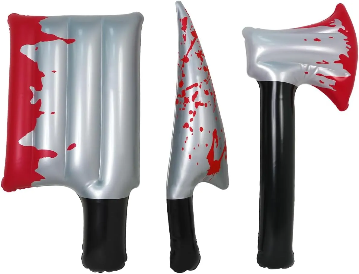 3Pcs Bloody Halloween Inflatable Weapons Prop,Bloody Knife Halloween Prop Set,Realistic Looking Prank Toy,Halloween Cosplay Horror Party Supplies
