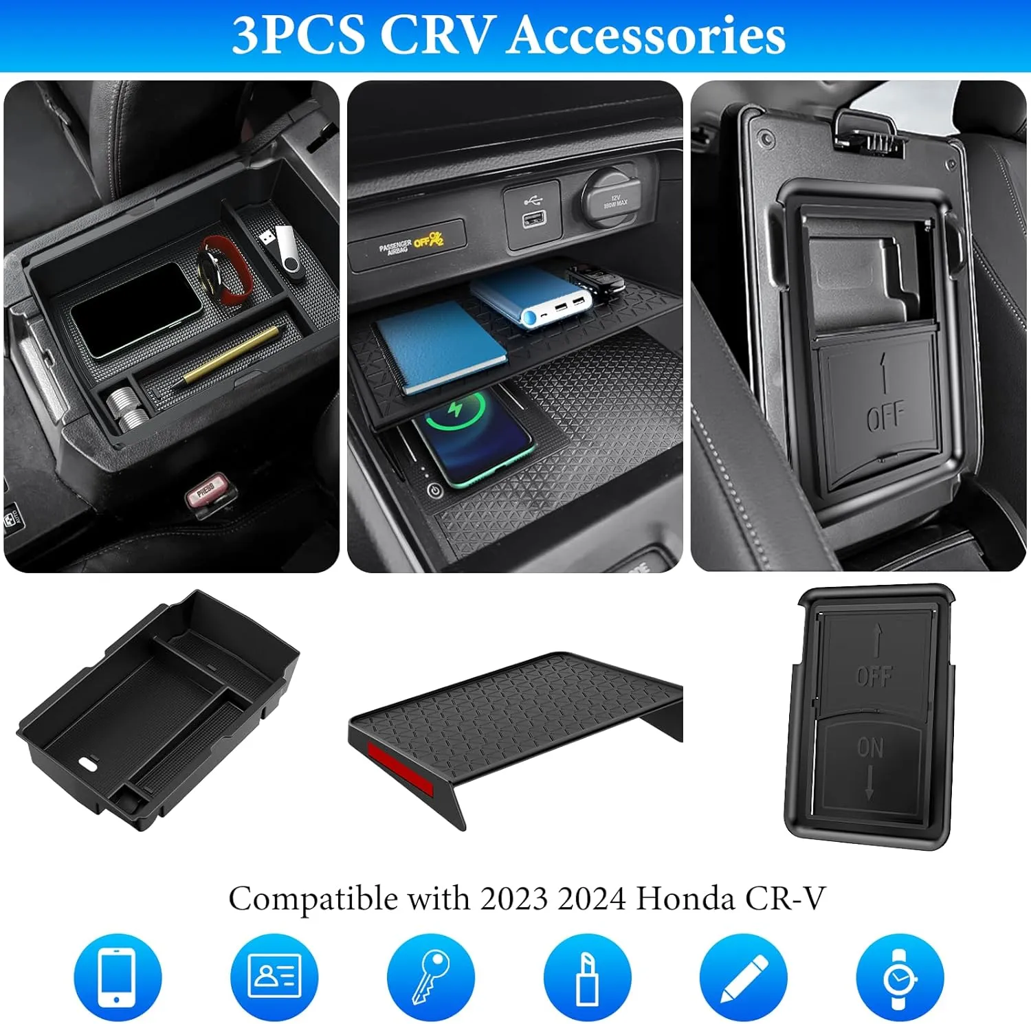 3PCS Center Console Organizer Compatible with Honda CRV 2023 2024 2025 Accessories CR-V Hybrid Armrest Organizer Tray Hidden Storage Box ABS Material