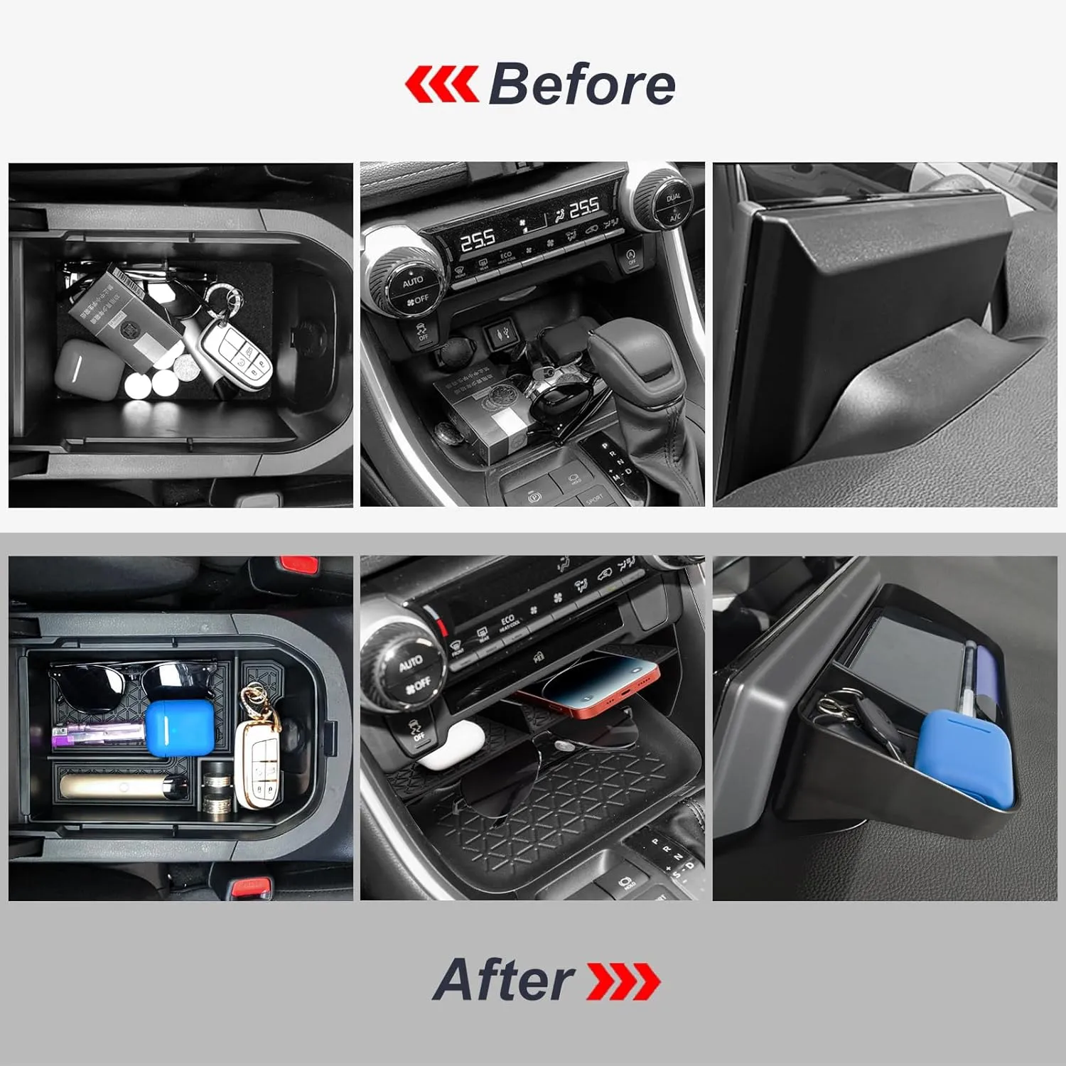3PCS Center Console Organizer Tray and Armrest Storage Box Compatible with Toyota RAV4 2019-2022 2023 2024 2025 Dash Storage Tray Interior Accessories-Not for New 10.5'' Multimedia Display