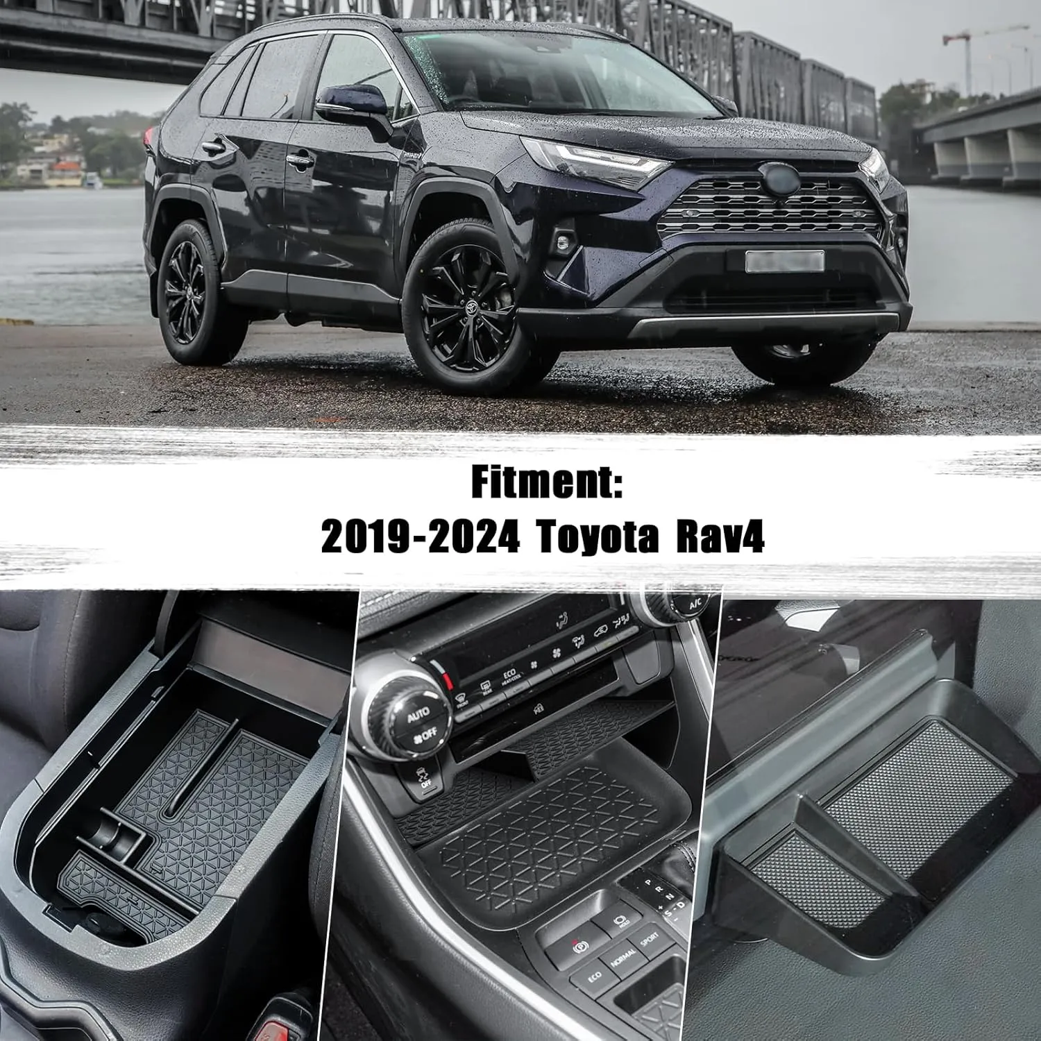 3PCS Center Console Organizer Tray and Armrest Storage Box Compatible with Toyota RAV4 2019-2022 2023 2024 2025 Dash Storage Tray Interior Accessories-Not for New 10.5'' Multimedia Display
