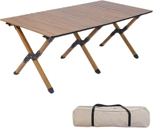 4-6 People Camping Table, Roll-Up Lightweight Picnic Table with Large Aluminum Tabletop & Carrying Bag, Portable Outdoor Folding Table for Hiking, Backpacking & Fishing(Carbon Steel Wood Gra