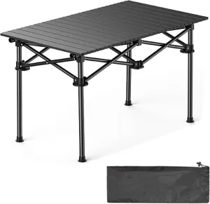 4-6 People Camping Table, Roll-Up Lightweight Picnic Table with Large Aluminum Tabletop & Carrying Bag, Portable Outdoor Folding Table for Hiking, Backpacking & Fishing(Carbon Steel Wood Gra