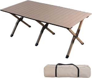 4-6 People Camping Table, Roll-Up Lightweight Picnic Table with Large Aluminum Tabletop & Carrying Bag, Portable Outdoor Folding Table for Hiking, Backpacking & Fishing(Carbon Steel Wood Gra