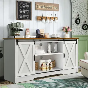 4 EVER WINNER Farmhouse Coffee Bar Cabinet, 59" Buffet Cabinet with Storage & Sliding Barn Doors, Kitchen Storage Cabinet, Coffee Station, Living Dining Room, White