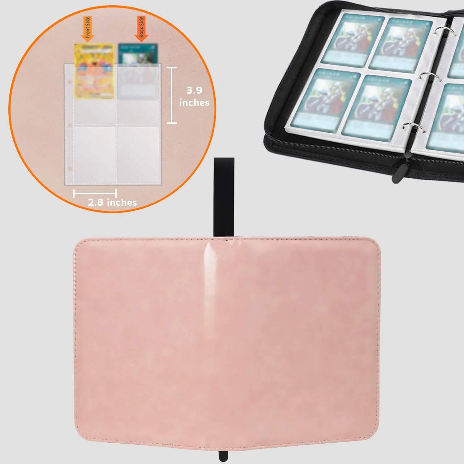 4 Pocket Card Binder, Trading Card Holder Fits 400 Cards. Trading Card Album Folder with Zipper for Sports, Game Card Case. (Pink)