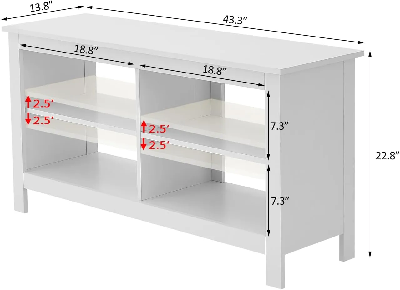 43 Inches TV Stand,Mid Century Modern Entertainment Center with 4 Open Shelves Farmhouse TV Media Console Table for Living Room,Bedroom,Television Stand up to 50 Inches(White)