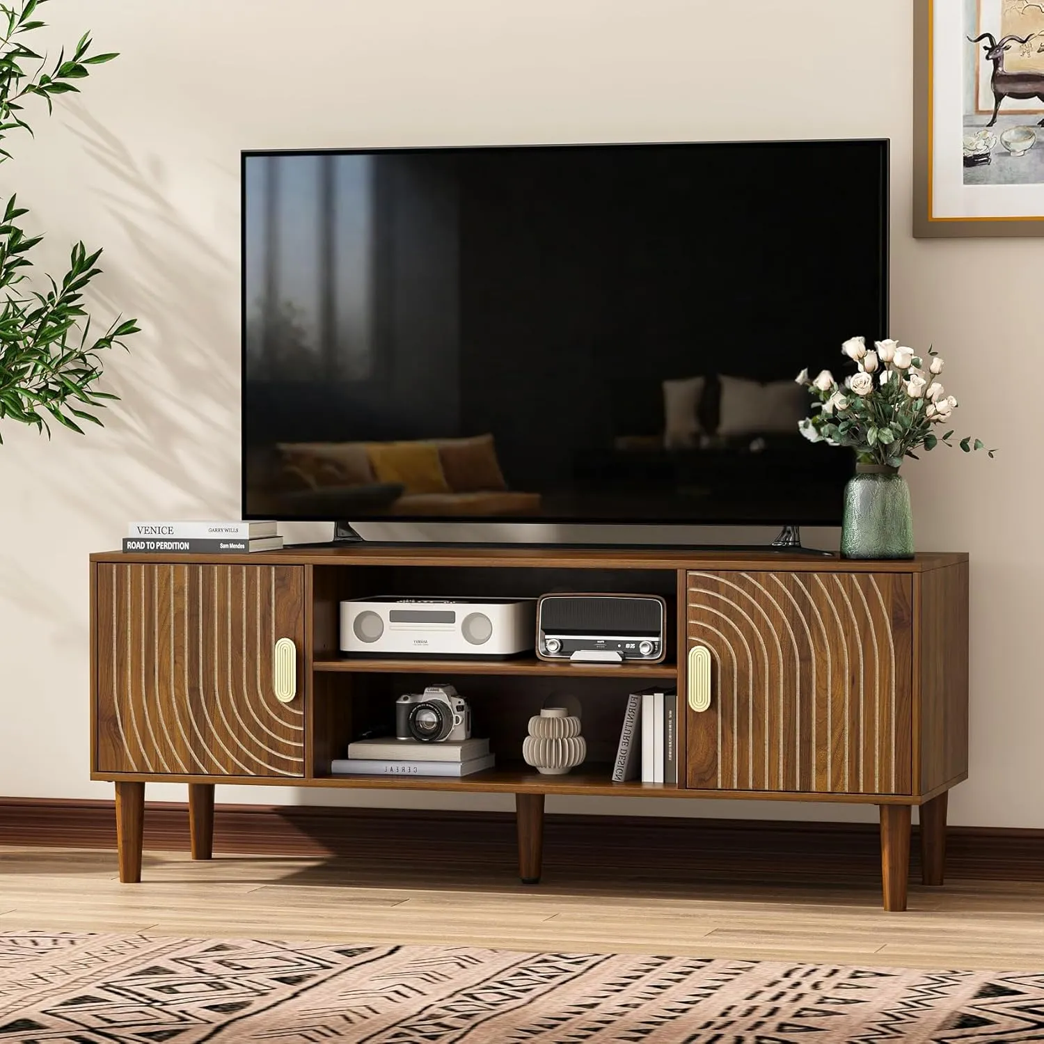 43" TV Stand for TVs up to 55 Inch, Entertainment Center with Storage and Adjustable Shelves, Modern Media Console for Living Room, Walnut