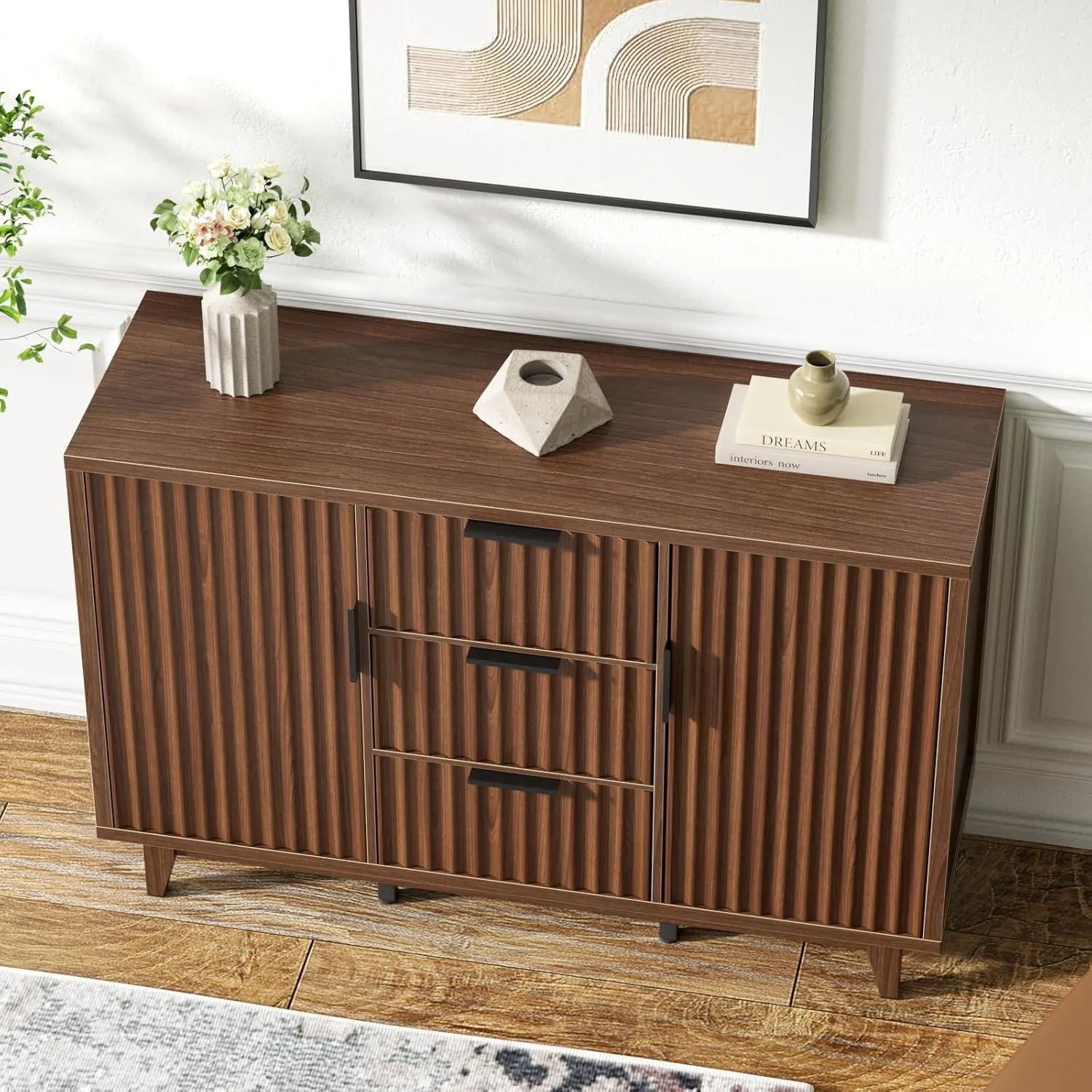 47.2" W Storage Cabinet with 3 Drawers, Fluted Buffet Cabinet with Storage, Large Sideboard with 2 Door, Modern Mid Century TV Stand Coffee Bar Cabinets for Living Room, Kitchen, Entryway