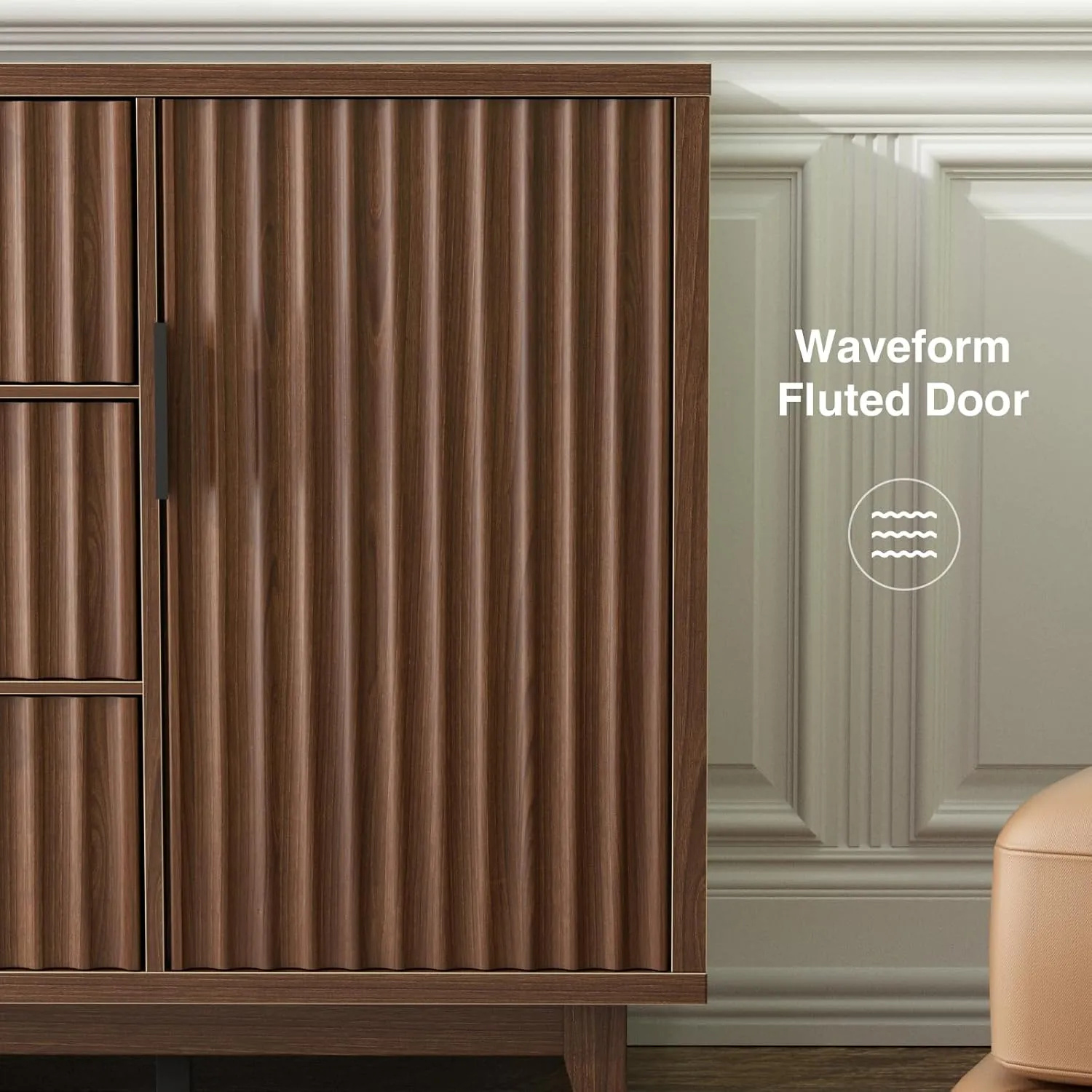47.2" W Storage Cabinet with 3 Drawers, Fluted Buffet Cabinet with Storage, Large Sideboard with 2 Door, Modern Mid Century TV Stand Coffee Bar Cabinets for Living Room, Kitchen, Entryway