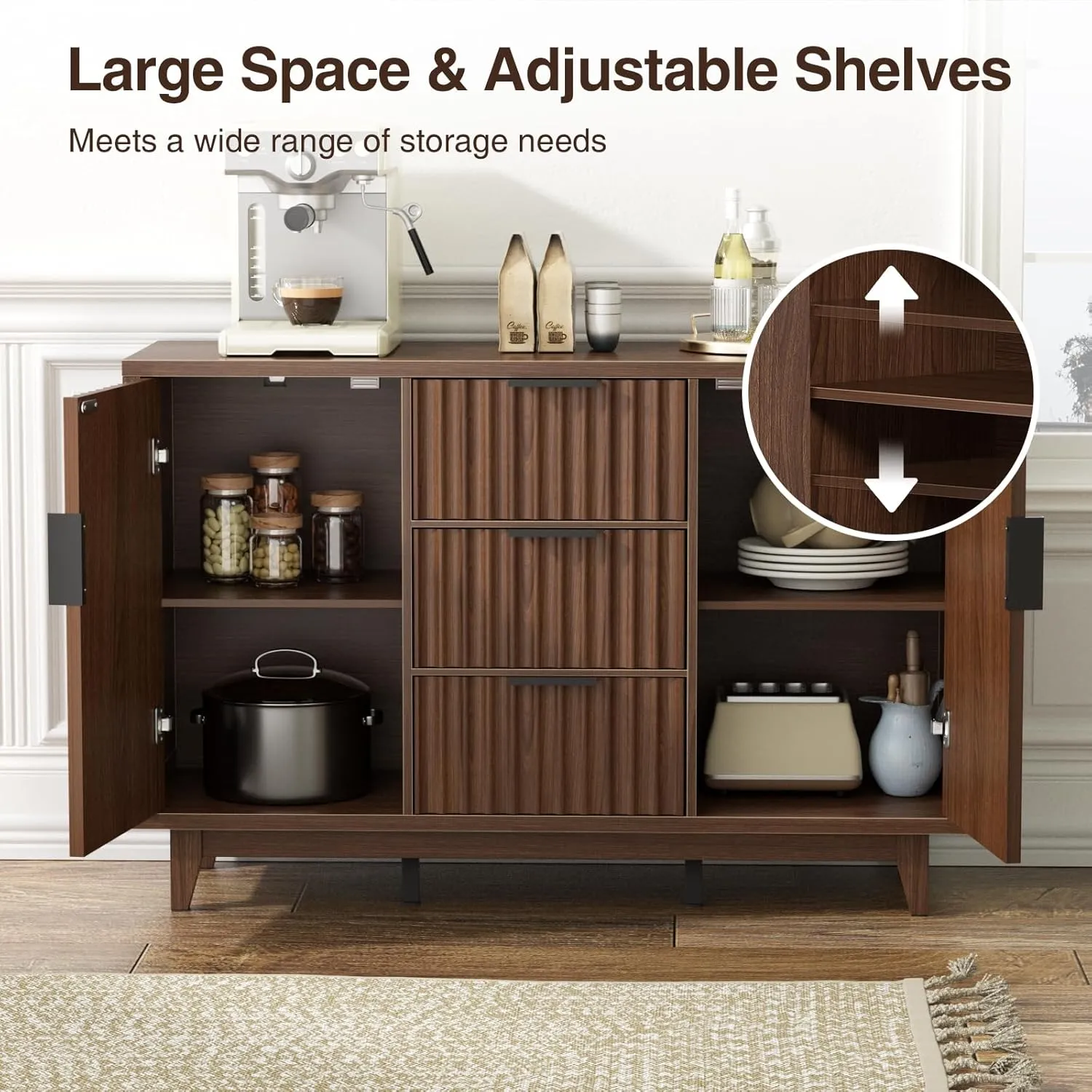 47.2" W Storage Cabinet with 3 Drawers, Fluted Buffet Cabinet with Storage, Large Sideboard with 2 Door, Modern Mid Century TV Stand Coffee Bar Cabinets for Living Room, Kitchen, Entryway