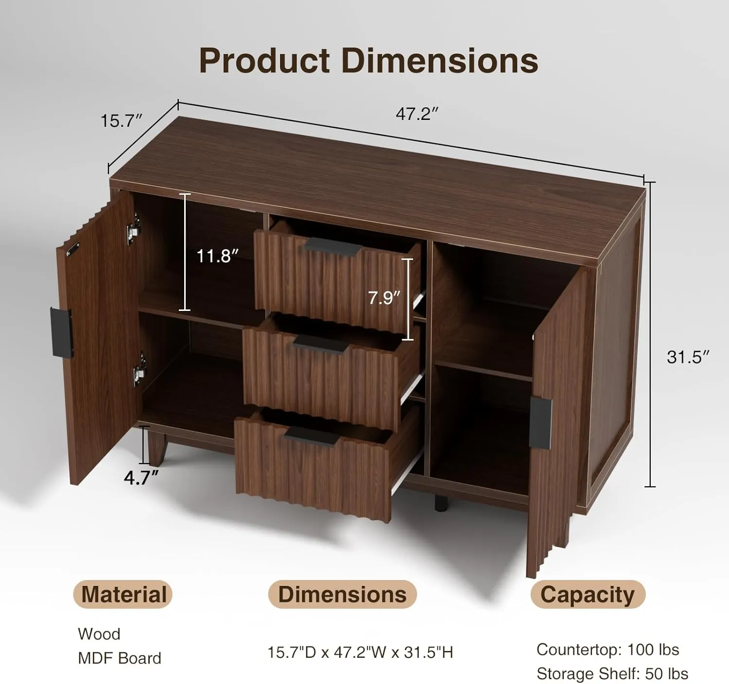 47.2" W Storage Cabinet with 3 Drawers, Fluted Buffet Cabinet with Storage, Large Sideboard with 2 Door, Modern Mid Century TV Stand Coffee Bar Cabinets for Living Room, Kitchen, Entryway