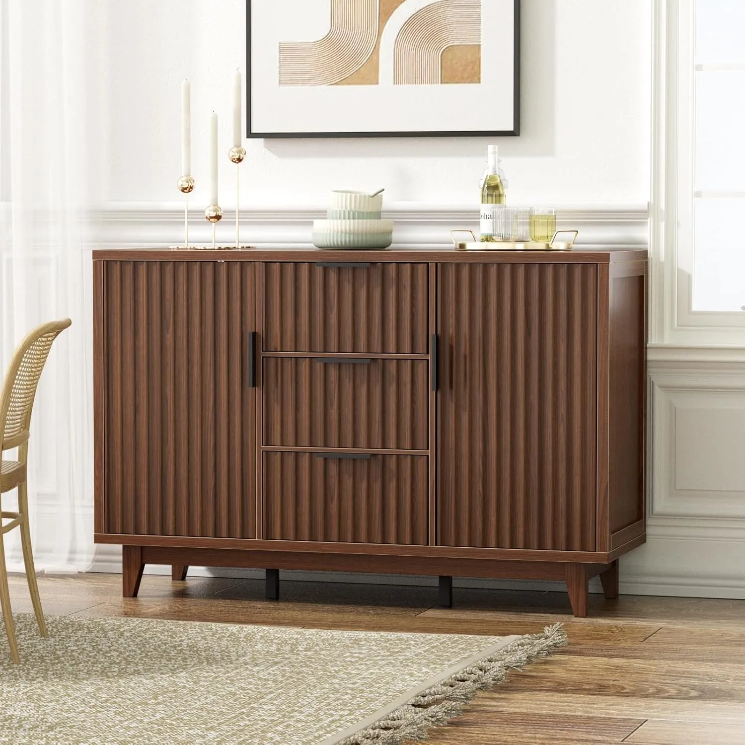 47.2" W Storage Cabinet with 3 Drawers, Fluted Buffet Cabinet with Storage, Large Sideboard with 2 Door, Modern Mid Century TV Stand Coffee Bar Cabinets for Living Room, Kitchen, Entryway