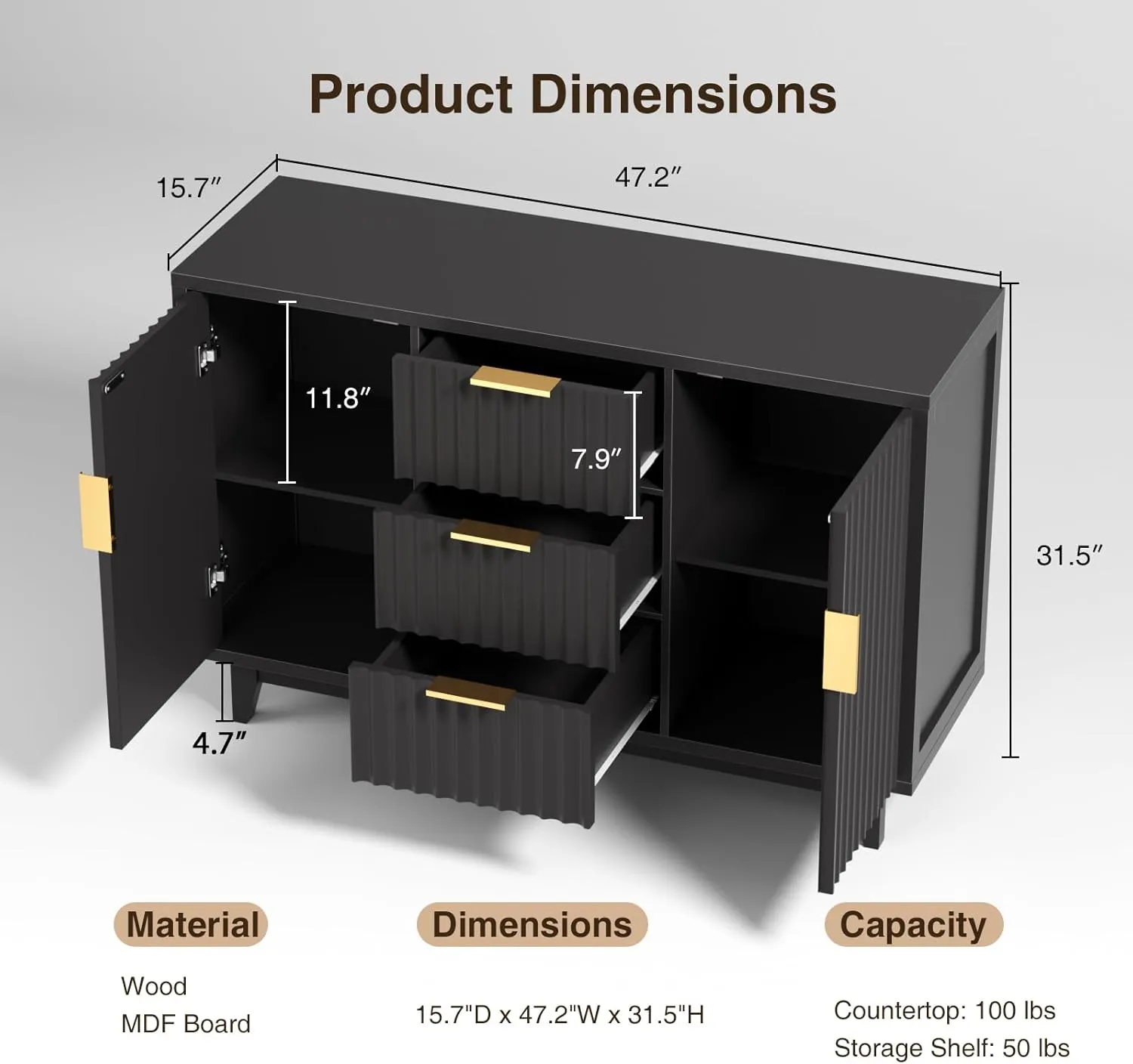 47.2" W Storage Cabinet with 3 Drawers, Fluted Buffet Cabinet with Storage, Large Sideboard with 2 Door, Modern Mid Century TV Stand Coffee Bar Cabinets for Living Room, Kitchen, Entryway