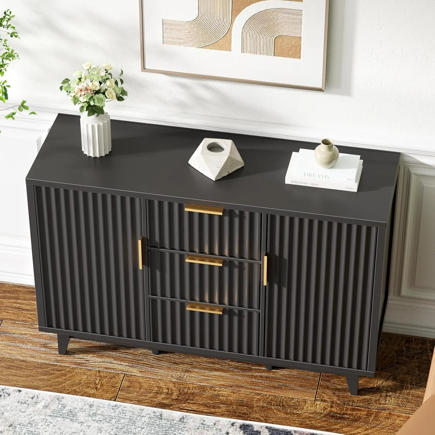 47.2" W Storage Cabinet with 3 Drawers, Fluted Buffet Cabinet with Storage, Large Sideboard with 2 Door, Modern Mid Century TV Stand Coffee Bar Cabinets for Living Room, Kitchen, Entryway