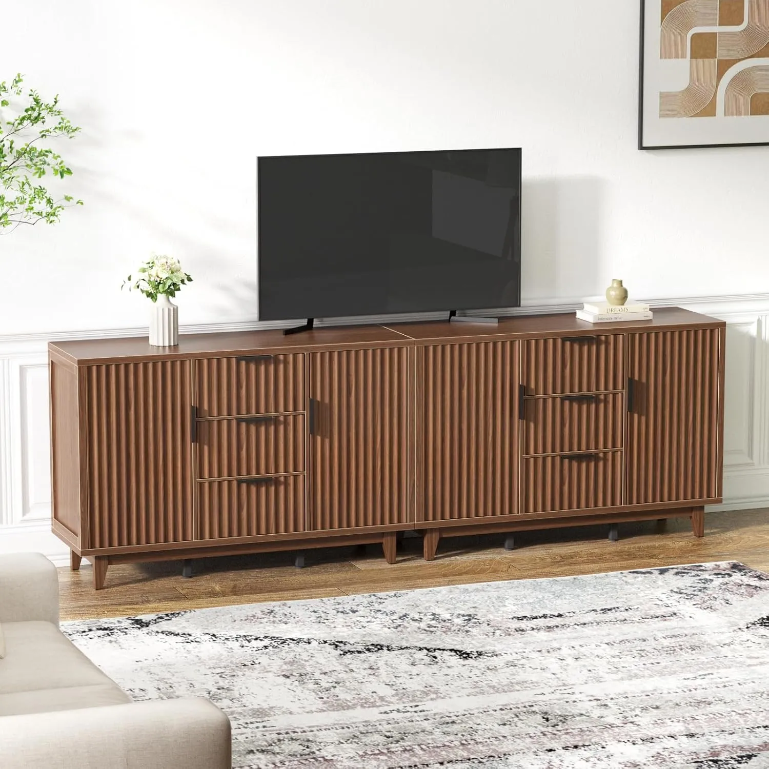 47.2" W Storage Cabinet with 3 Drawers, Fluted Buffet Cabinet with Storage, Large Sideboard with 2 Door, Modern Mid Century TV Stand Coffee Bar Cabinets for Living Room, Kitchen, Entryway