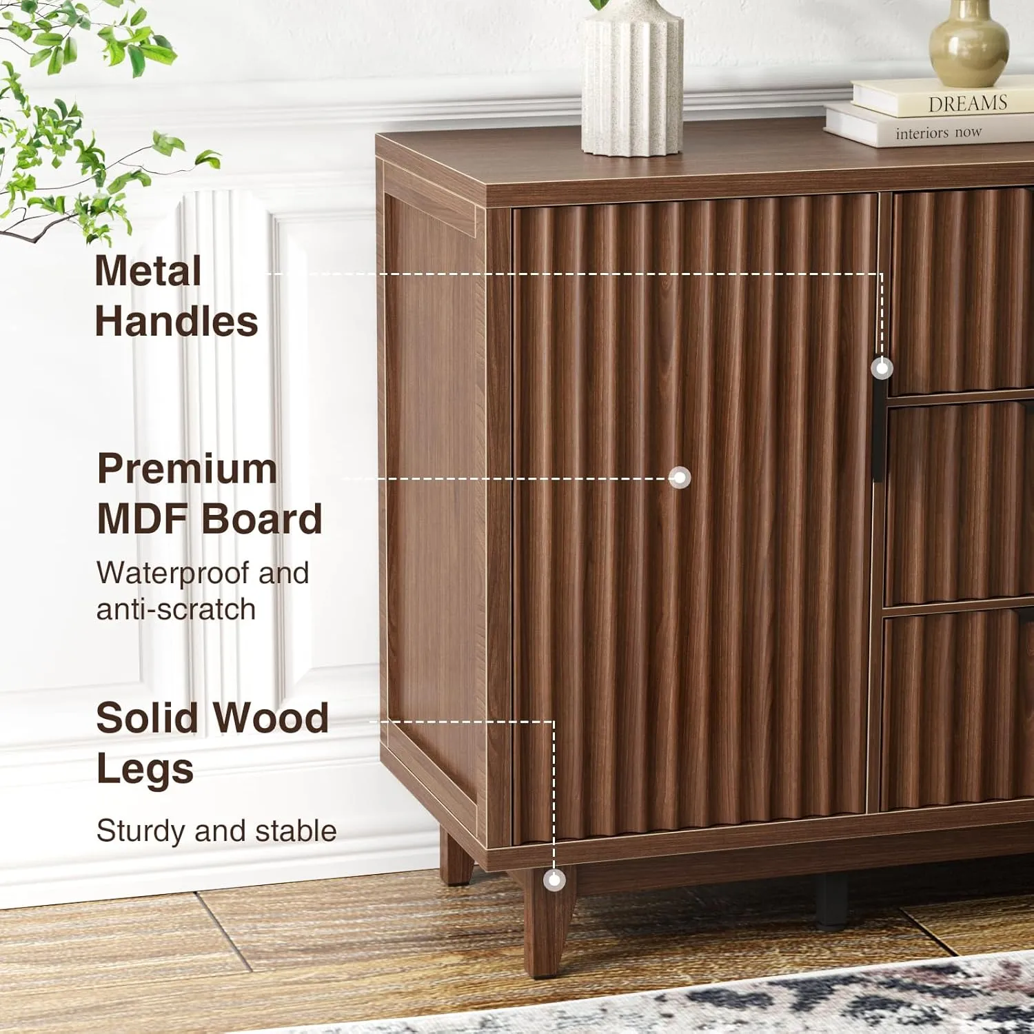 47.2" W Storage Cabinet with 3 Drawers, Fluted Buffet Cabinet with Storage, Large Sideboard with 2 Door, Modern Mid Century TV Stand Coffee Bar Cabinets for Living Room, Kitchen, Entryway