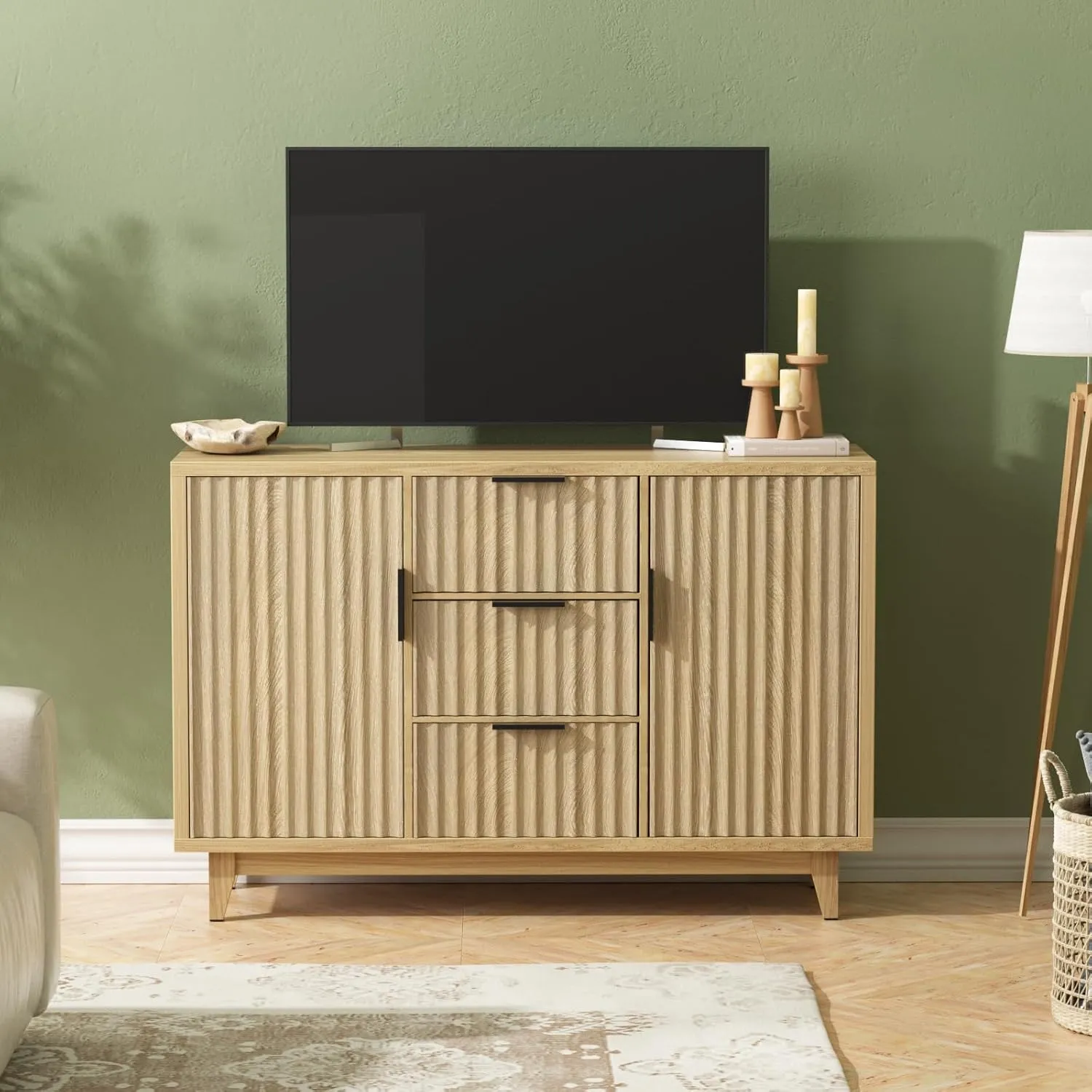 47.2" W Storage Cabinet with 3 Drawers, Fluted Buffet Cabinets with Storage, Large Sideboard with 2 Door, Modern Mid Century TV Stand Coffee Bar Furniture for Living Room, Kitchen, Entryway