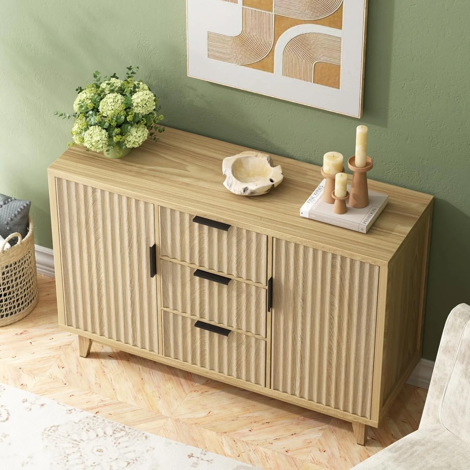 47.2" W Storage Cabinet with 3 Drawers, Fluted Buffet Cabinets with Storage, Large Sideboard with 2 Door, Modern Mid Century TV Stand Coffee Bar Furniture for Living Room, Kitchen, Entryway