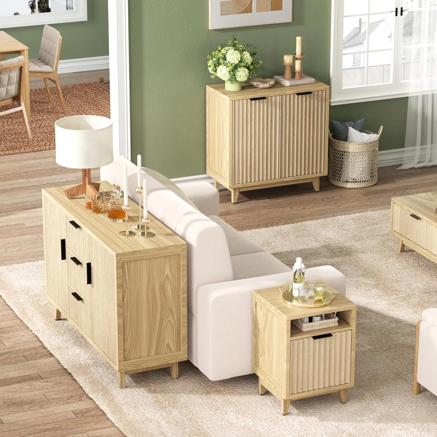47.2" W Storage Cabinet with 3 Drawers, Fluted Buffet Cabinets with Storage, Large Sideboard with 2 Door, Modern Mid Century TV Stand Coffee Bar Furniture for Living Room, Kitchen, Entryway