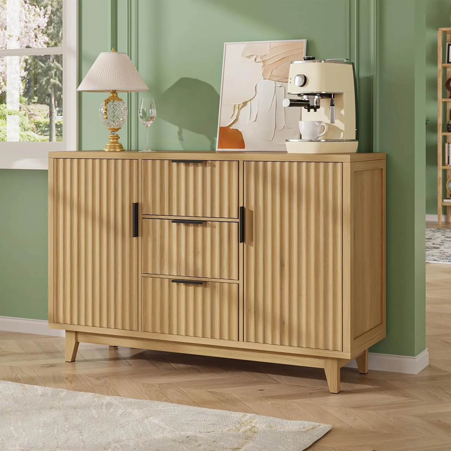 47.2" W Storage Cabinet with 3 Drawers, Fluted Buffet Cabinets with Storage, Large Sideboard with 2 Door, Modern Mid Century TV Stand Coffee Bar Furniture for Living Room, Kitchen, Entryway
