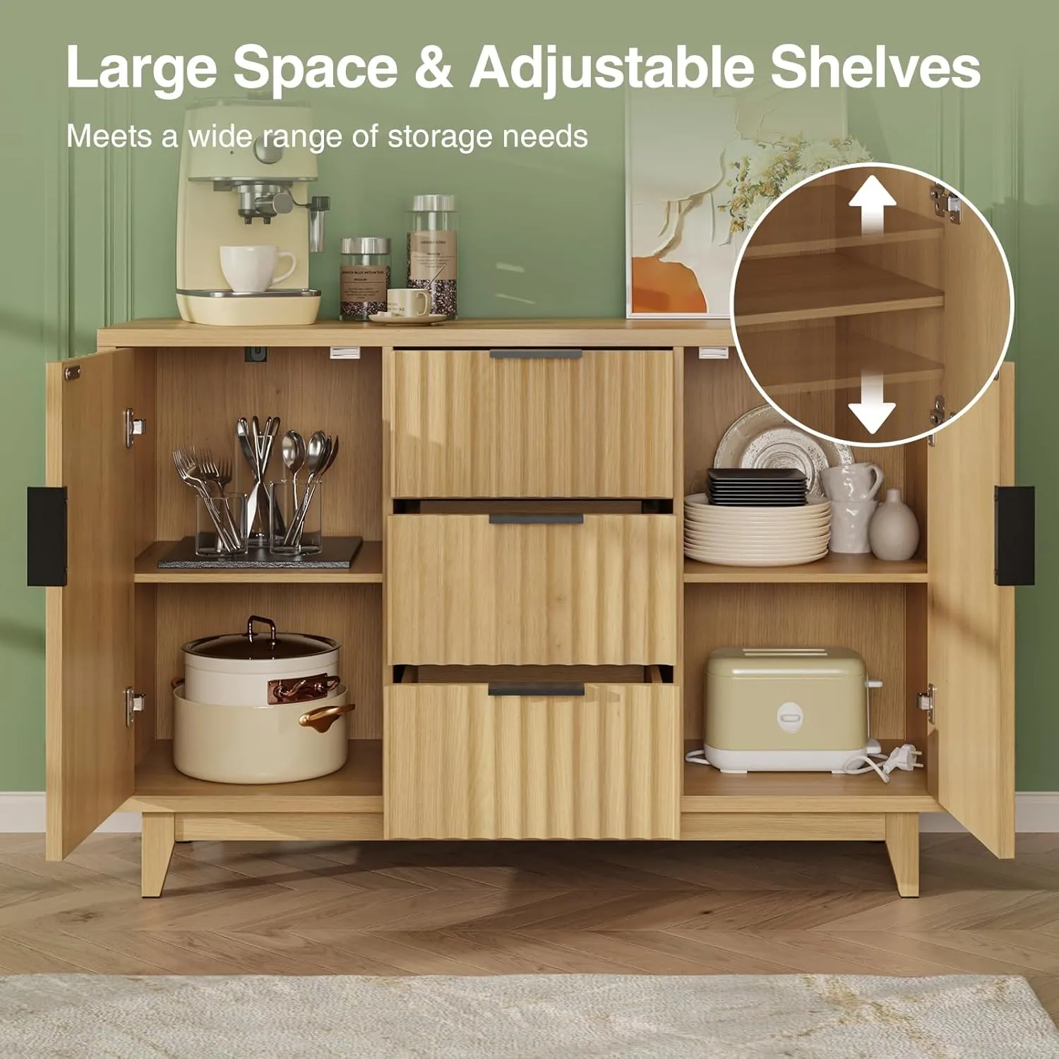 47.2" W Storage Cabinet with 3 Drawers, Fluted Buffet Cabinets with Storage, Large Sideboard with 2 Door, Modern Mid Century TV Stand Coffee Bar Furniture for Living Room, Kitchen, Entryway