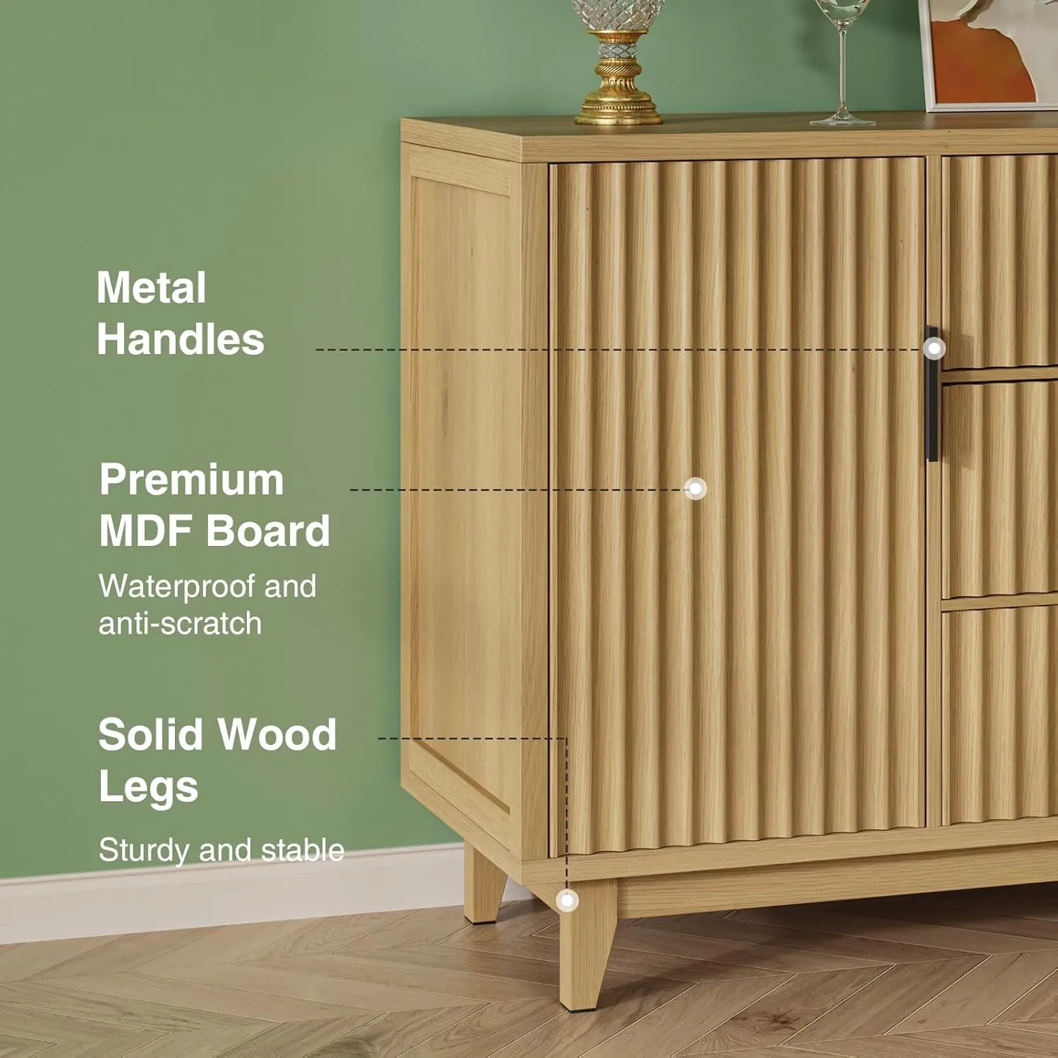 47.2" W Storage Cabinet with 3 Drawers, Fluted Buffet Cabinets with Storage, Large Sideboard with 2 Door, Modern Mid Century TV Stand Coffee Bar Furniture for Living Room, Kitchen, Entryway
