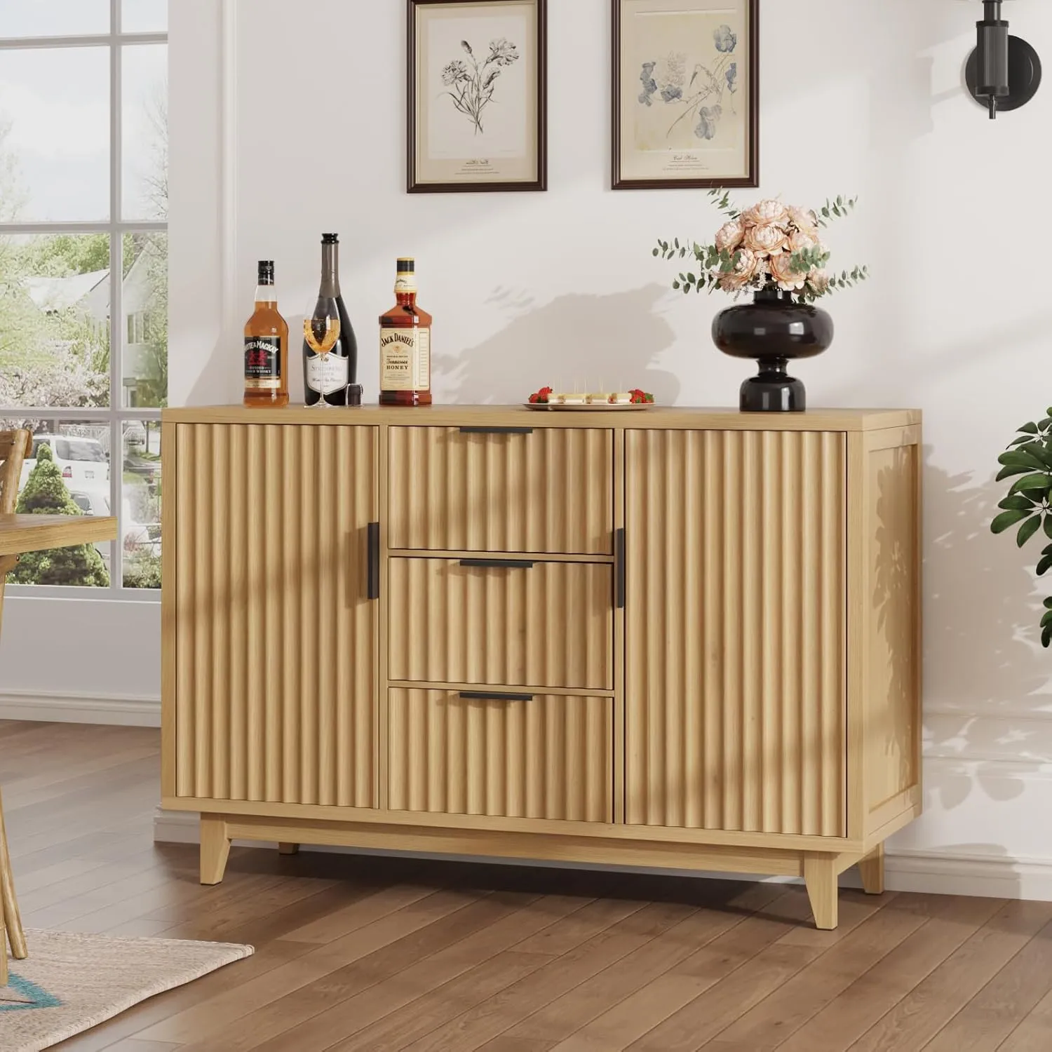 47.2" W Storage Cabinet with 3 Drawers, Fluted Buffet Cabinets with Storage, Large Sideboard with 2 Door, Modern Mid Century TV Stand Coffee Bar Furniture for Living Room, Kitchen, Entryway