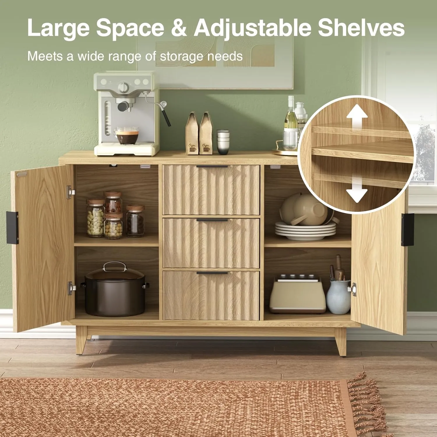 47.2" W Storage Cabinet with 3 Drawers, Fluted Buffet Cabinets with Storage, Large Sideboard with 2 Door, Modern Mid Century TV Stand Coffee Bar Furniture for Living Room, Kitchen, Entryway