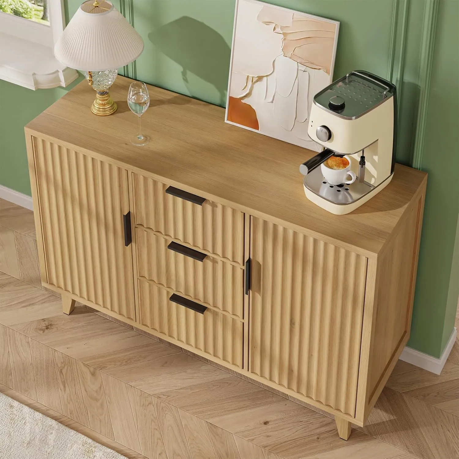 47.2" W Storage Cabinet with 3 Drawers, Fluted Buffet Cabinets with Storage, Large Sideboard with 2 Door, Modern Mid Century TV Stand Coffee Bar Furniture for Living Room, Kitchen, Entryway