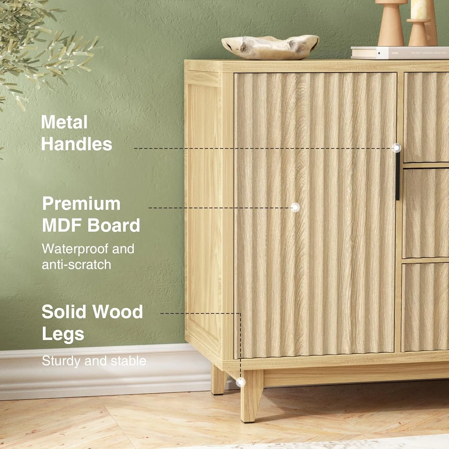 47.2" W Storage Cabinet with 3 Drawers, Fluted Buffet Cabinets with Storage, Large Sideboard with 2 Door, Modern Mid Century TV Stand Coffee Bar Furniture for Living Room, Kitchen, Entryway