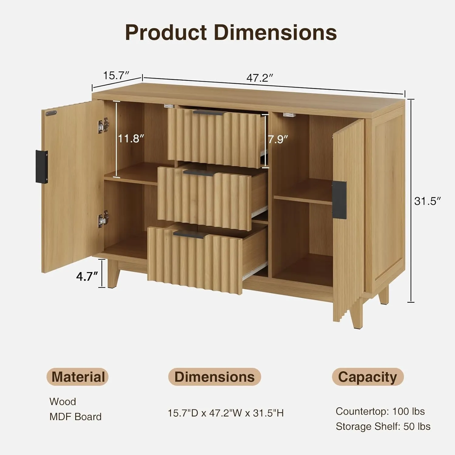 47.2" W Storage Cabinet with 3 Drawers, Fluted Buffet Cabinets with Storage, Large Sideboard with 2 Door, Modern Mid Century TV Stand Coffee Bar Furniture for Living Room, Kitchen, Entryway