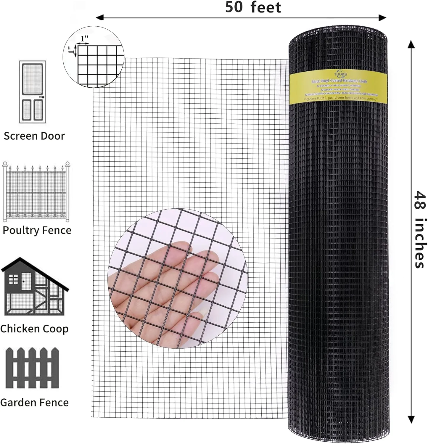 48in x 50ft 1 inch Hardware Cloth 16 Gauge Black Vinyl Coated Welded Wire Fence Wire Mesh Roll Rabbit Wire Chicken Wire Fencing Gopher Wire Cloth Garden Fence Poultry Netting Rodent Wire