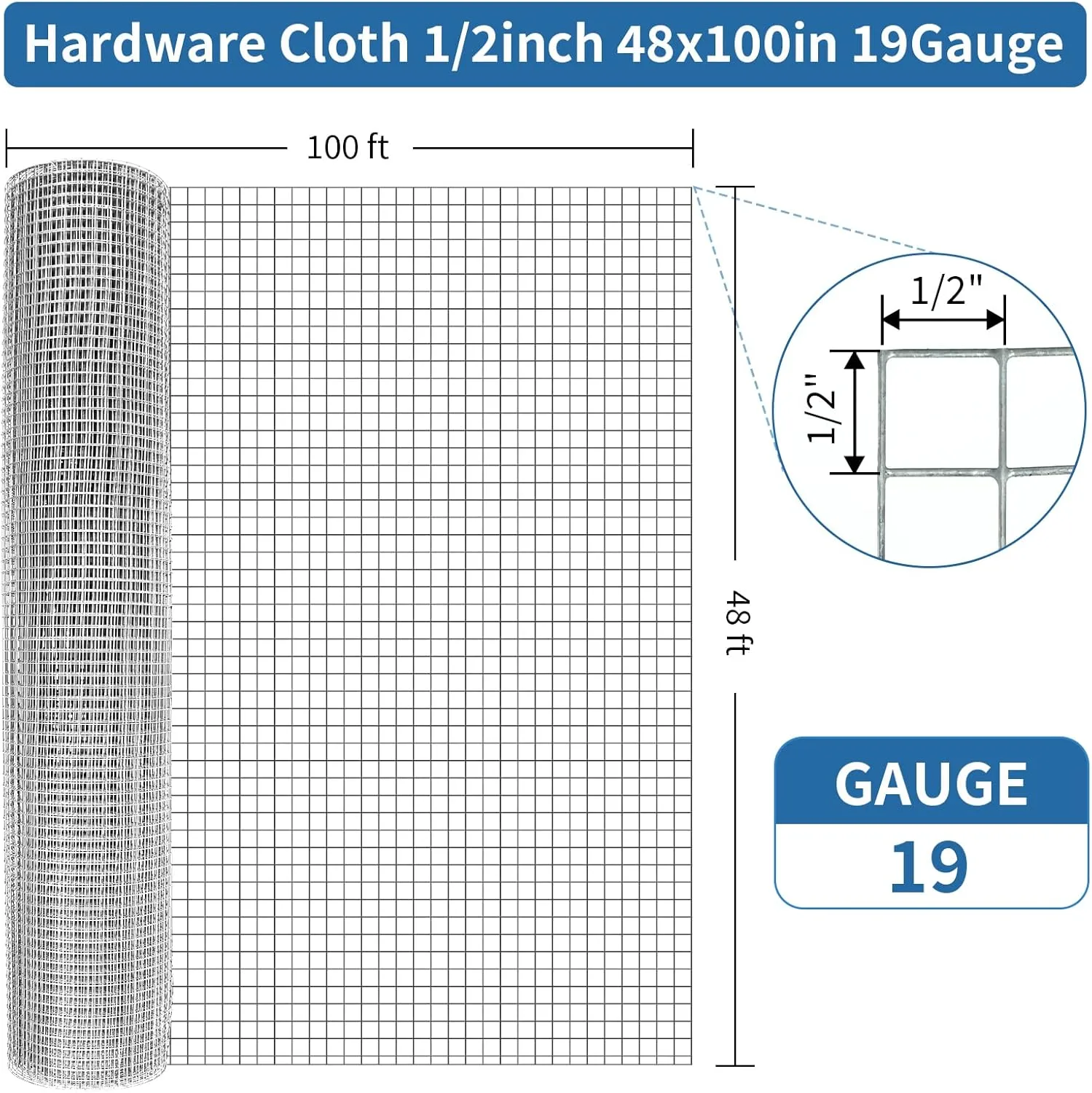 48" x 100' 1/2inch Hardware Cloth Black Vinyl Coated Chicken Wire Fence Galvanized Welded Mesh Roll for Garden Rabbit Cage, Silver