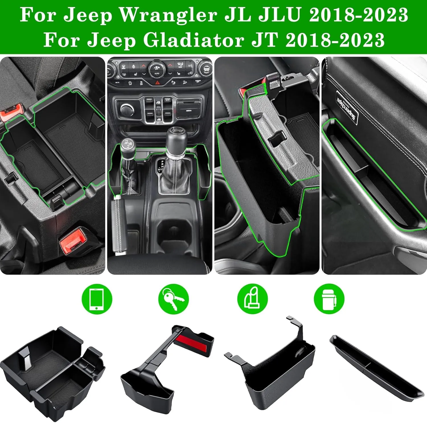 4PCS Center Console Organizer for 2018-2022 2023 Jeep Wrangler JL JLU and Gladiator JT Accessories Gear Shift Side Tray Organizer,Hanging Armrest Storage Box (Not for JK/JKU)